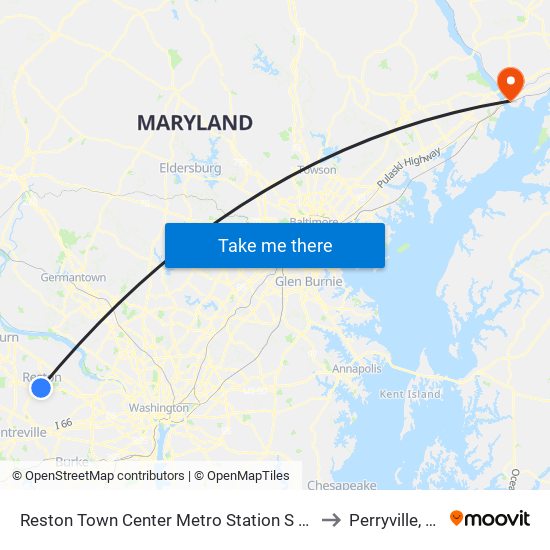 Reston Town Center Metro Station S Bay B to Perryville, MD map