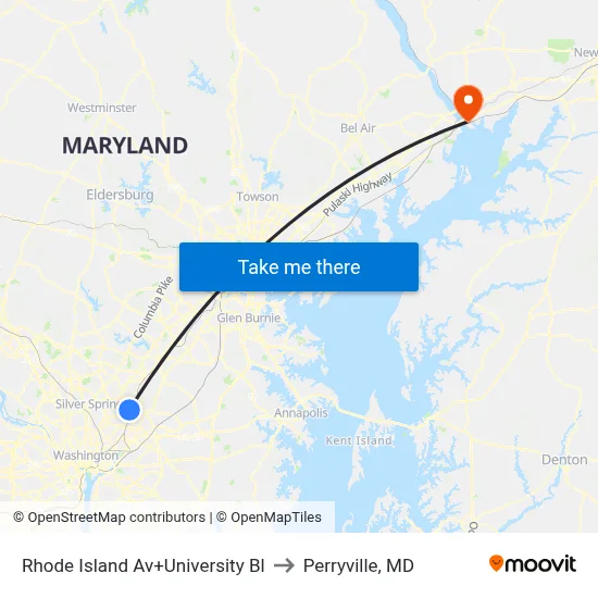 Rhode Island Av+University Bl to Perryville, MD map