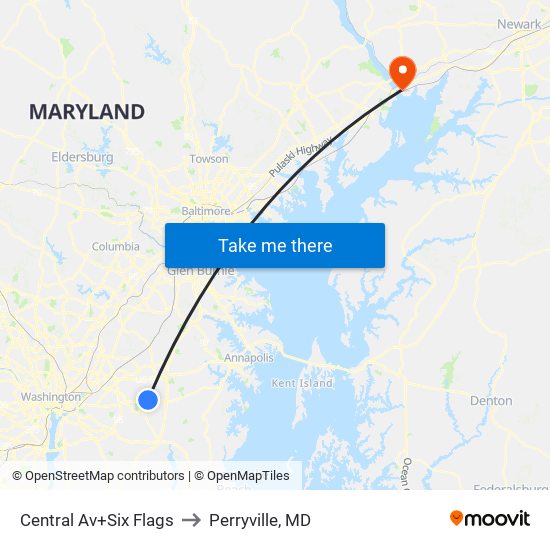 Central Av+Six Flags to Perryville, MD map