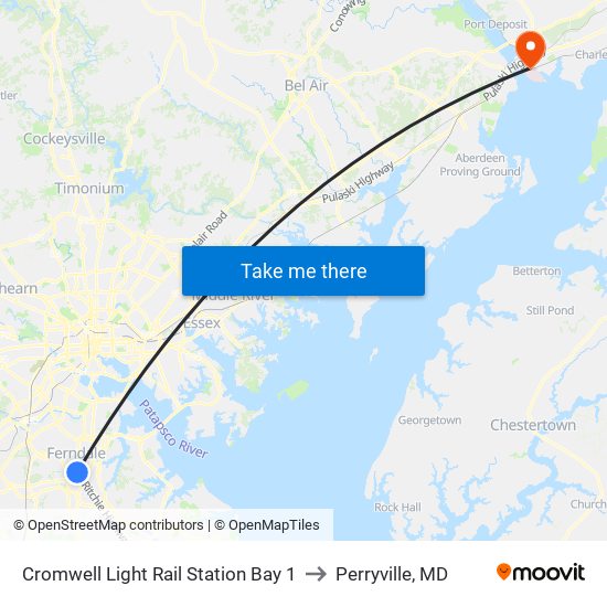 Cromwell Light Rail Station Bay 1 to Perryville, MD map