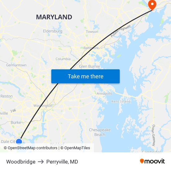 Woodbridge to Perryville, MD map