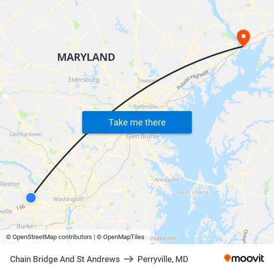 Chain Bridge And St Andrews to Perryville, MD map