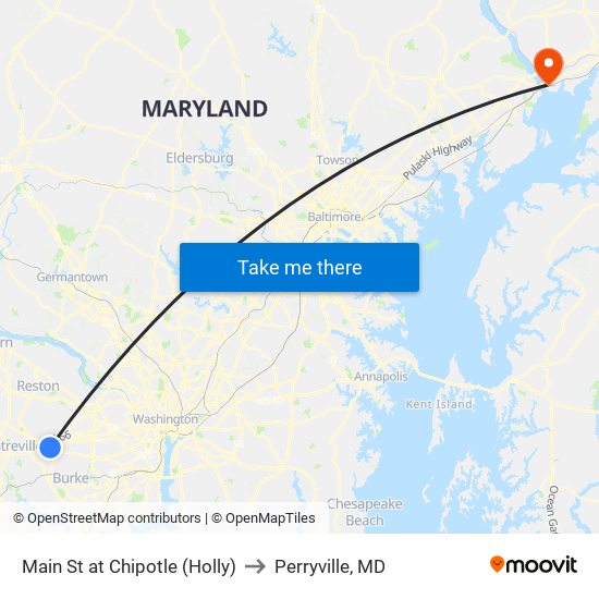 Main St at Chipotle (Holly) to Perryville, MD map