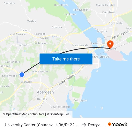 University Center (Churchville Rd/Rt 22 & Technology Dr) to Perryville, MD map