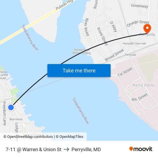 7-11 @ Warren & Union St to Perryville, MD map