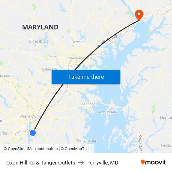 Oxon Hill Rd & Tanger Outlets to Perryville, MD map