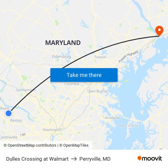 Dulles Crossing at Walmart to Perryville, MD map