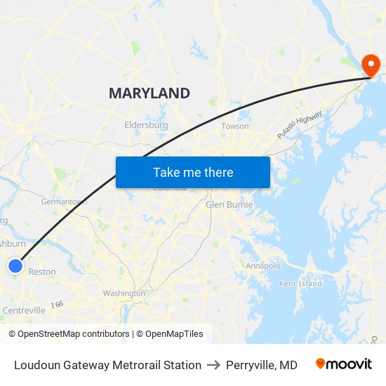 Loudoun Gateway Metrorail Station to Perryville, MD map