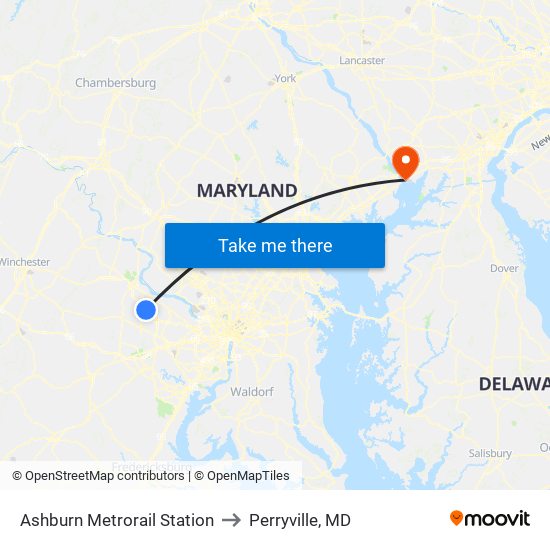 Ashburn Metrorail Station to Perryville, MD map