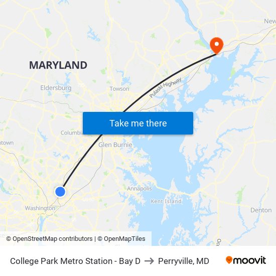 College Park Metro Station - Bay D to Perryville, MD map