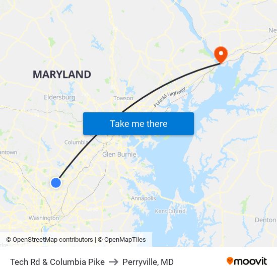 Tech Rd & Columbia Pike to Perryville, MD map