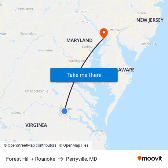 Forest Hill + Roanoke to Perryville, MD map