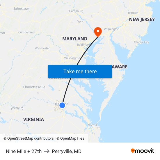 Nine Mile + 27th to Perryville, MD map