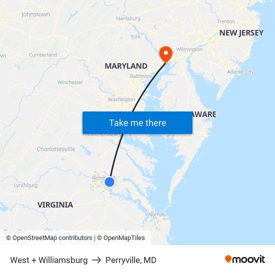 West + Williamsburg to Perryville, MD map