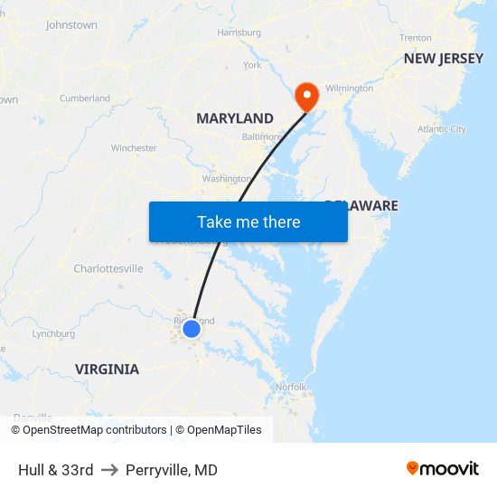 Hull & 33rd to Perryville, MD map