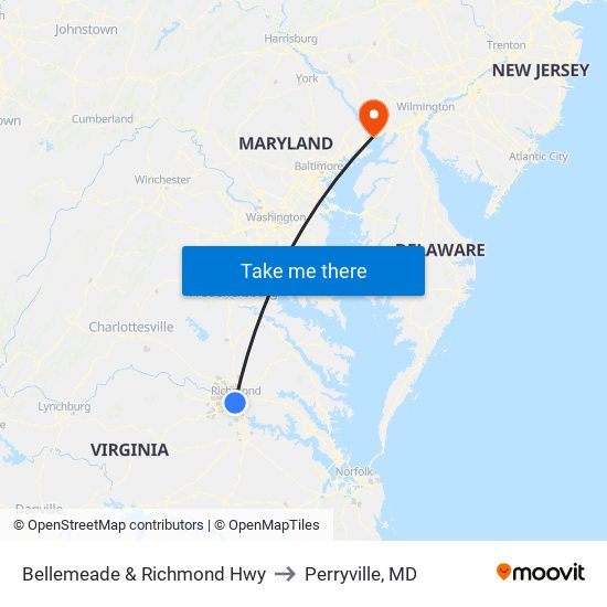 Bellemeade & Richmond Hwy to Perryville, MD map