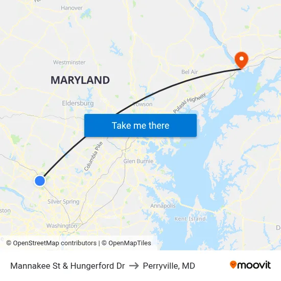 Mannakee St & Hungerford  Dr to Perryville, MD map