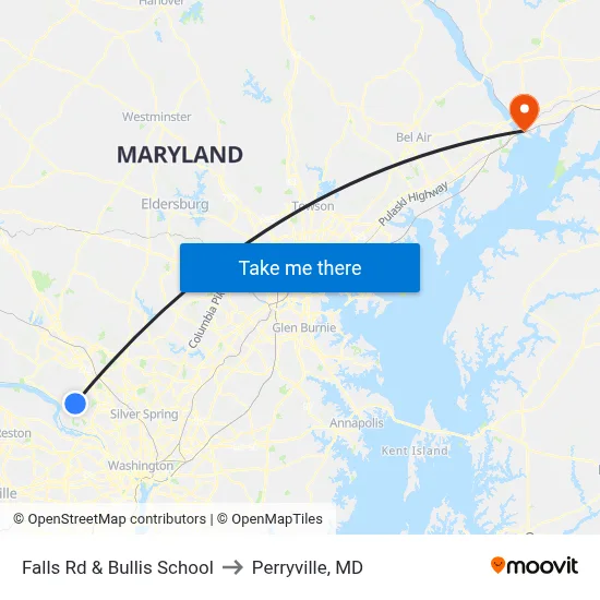 Falls Rd & Bullis School to Perryville, MD map