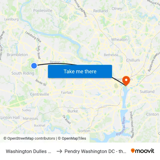 Washington Dulles Airport to Pendry Washington DC - the Wharf map