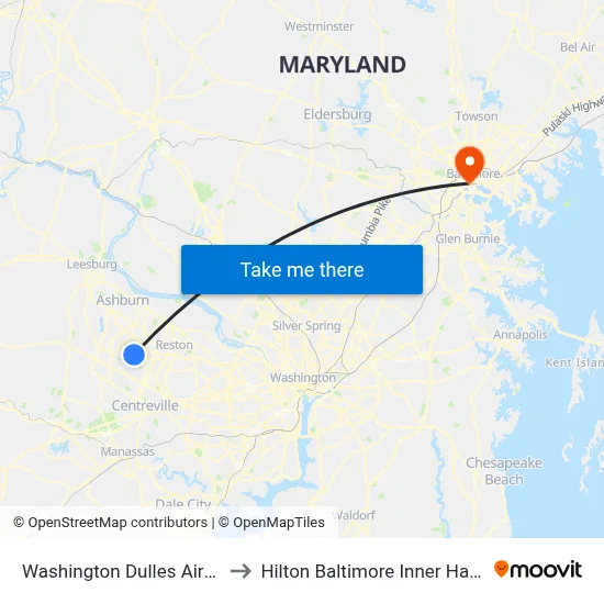 Washington Dulles Airport to Hilton Baltimore Inner Harbor map