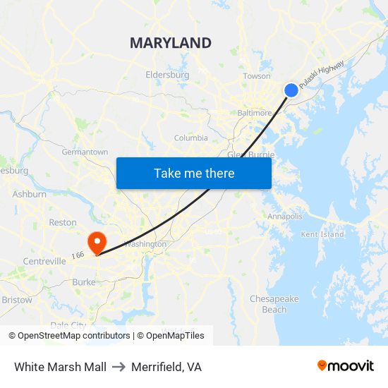 White Marsh Mall to Merrifield, VA map