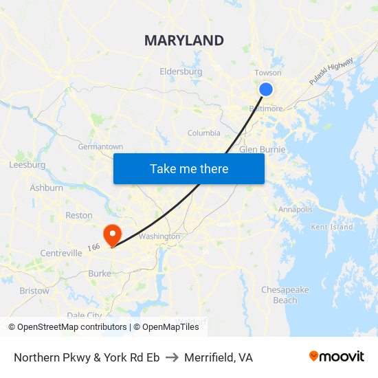 Northern Pkwy & York Rd Eb to Merrifield, VA map