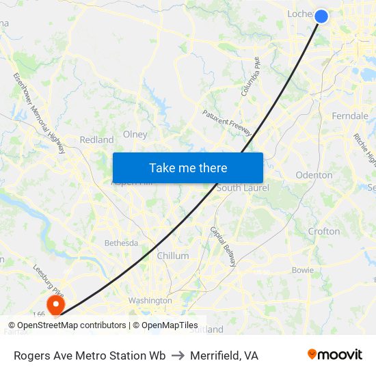 Rogers Ave Metro Station Wb to Merrifield, VA map