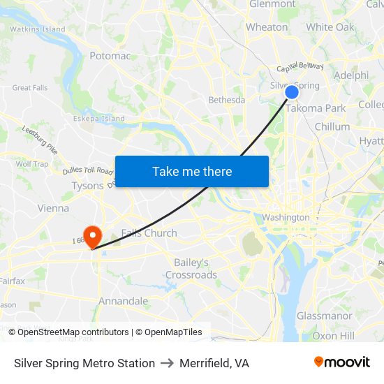 Silver Spring Metro Station to Merrifield, VA map