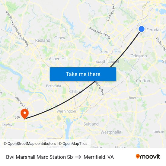 Bwi Marshall Marc Station Sb to Merrifield, VA map