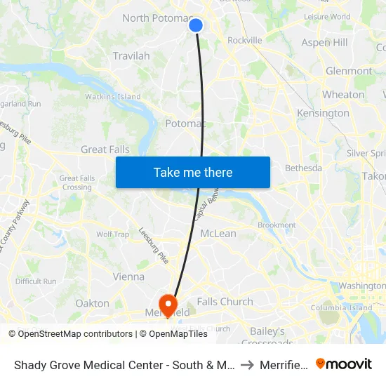 Shady Grove Medical Center - South & Medical Center Way to Merrifield, VA map