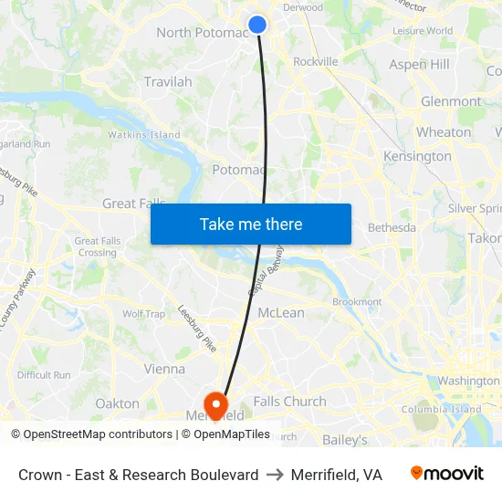 Crown - East & Research Boulevard to Merrifield, VA map