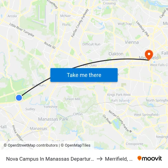 Nova Campus In Manassas Departures to Merrifield, VA map