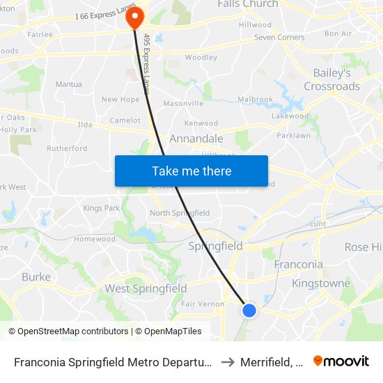 Franconia Springfield Metro Departures to Merrifield, VA map