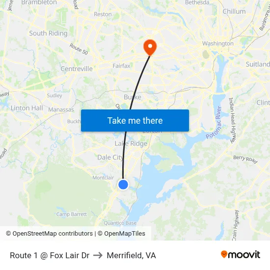 Route 1 @ Fox Lair Dr to Merrifield, VA map