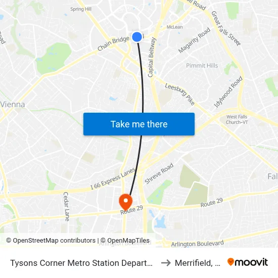 Tysons Corner Metro Station Departures to Merrifield, VA map