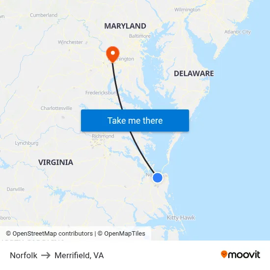 Norfolk to Merrifield, VA map
