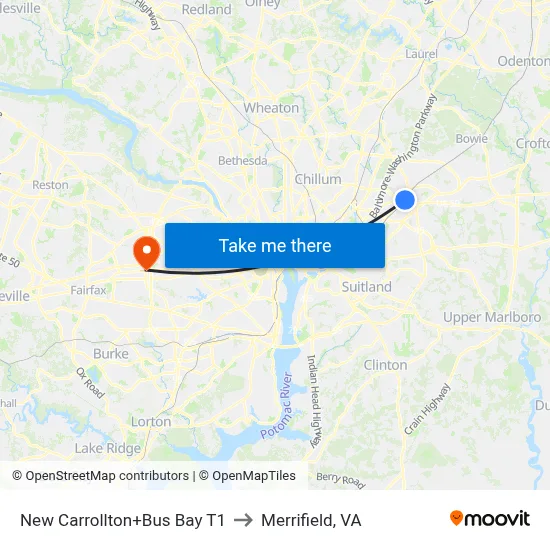 New Carrollton+Bus Bay T1 to Merrifield, VA map