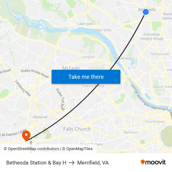 Bethesda Station & Bay H to Merrifield, VA map