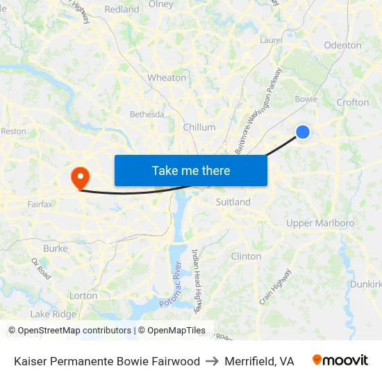 Kaiser Permanente Bowie Fairwood to Merrifield, VA map