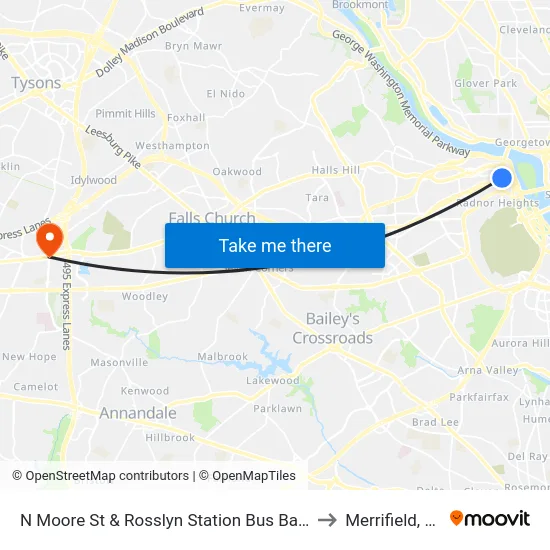 N Moore St & Rosslyn Station Bus Bay D to Merrifield, VA map