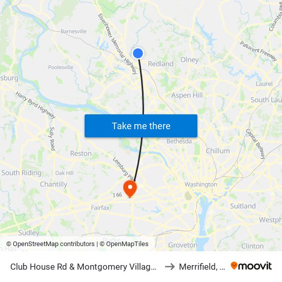 Club House Rd & Montgomery Village Ave to Merrifield, VA map