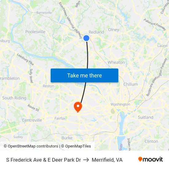 S Frederick Ave & E Deer Park Dr to Merrifield, VA map