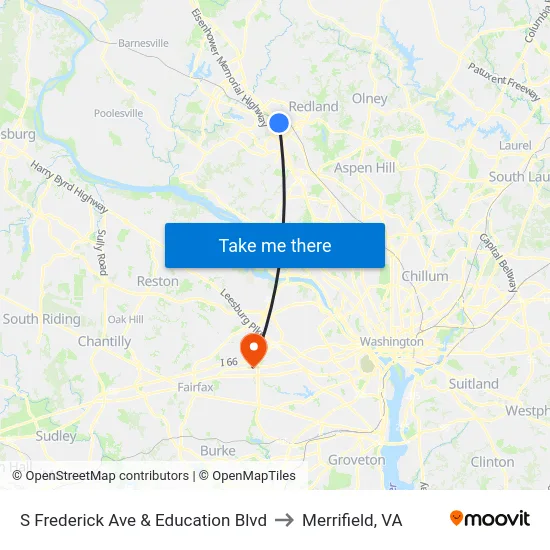 S Frederick Ave & Education Blvd to Merrifield, VA map