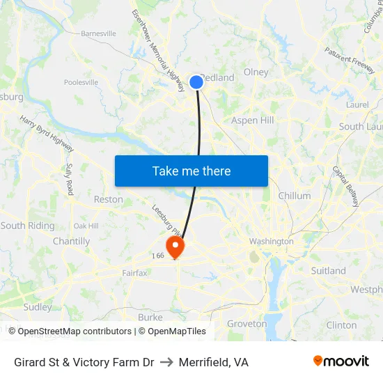 Girard St & Victory Farm Dr to Merrifield, VA map