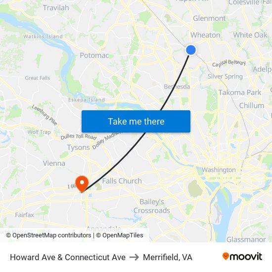 Howard Ave & Connecticut Ave to Merrifield, VA map