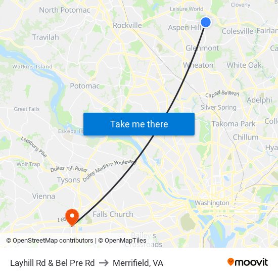 Layhill Rd & Bel Pre Rd to Merrifield, VA map