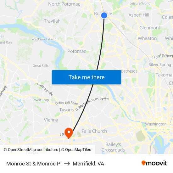 Monroe St & Monroe Pl to Merrifield, VA map