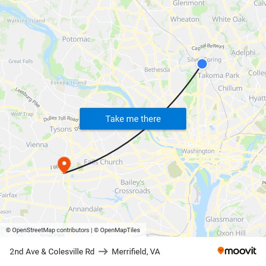 2nd Ave & Colesville Rd to Merrifield, VA map