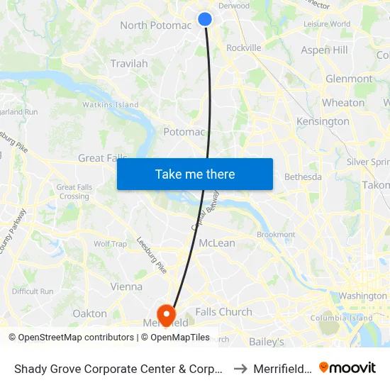 Shady Grove Corporate Center & Corporate Blvd to Merrifield, VA map