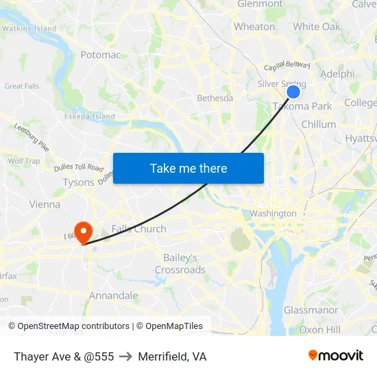 Thayer Ave & @555 to Merrifield, VA map